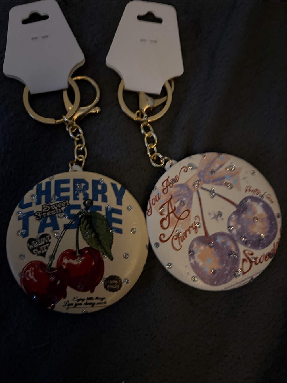 FASHION Gold Cherry Keychain Mirrors - White & Red